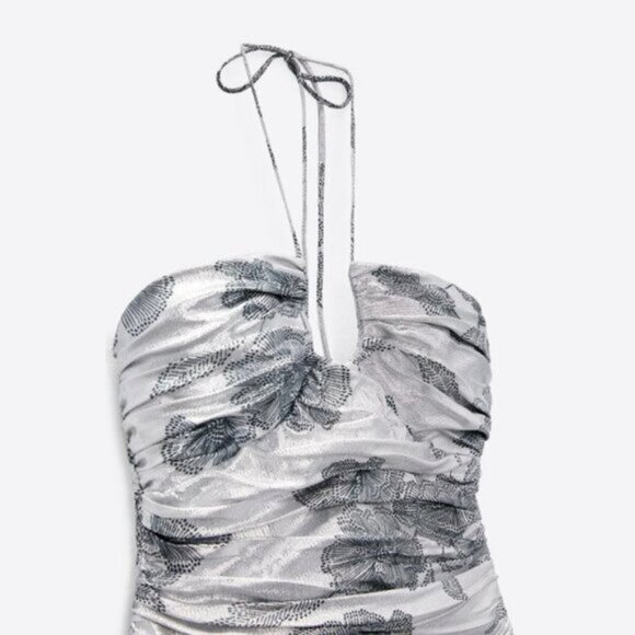 NWT Zara silver metallic floral jacquard mini holiday dress - Picture 6 of 10